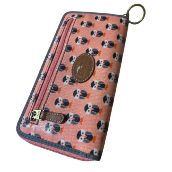 Fossil Owl Print Peach Zip Around Closure, Long Wallet with Keyring, Gray Trim - Picture 3 of 11
